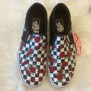 Vans Roses Checkerboard slip ons 9.0 Women